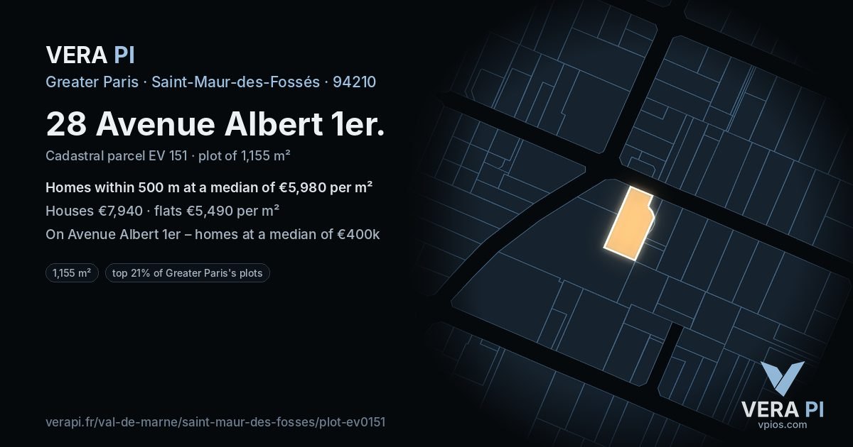 28 Avenue Albert 1er, Saint-Maur-des-Fossés at night – the plot lit, the parcels around coloured by the prices near them
