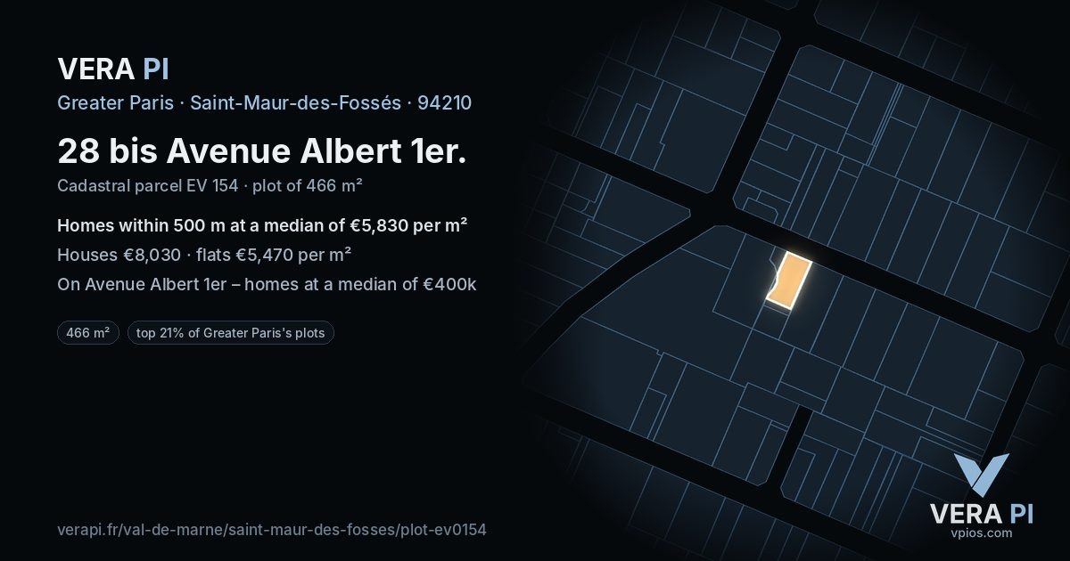 28 bis Avenue Albert 1er, Saint-Maur-des-Fossés at night – the plot lit, the parcels around coloured by the prices near them