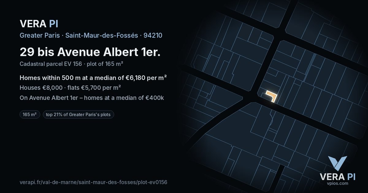 29 bis Avenue Albert 1er, Saint-Maur-des-Fossés at night – the plot lit, the parcels around coloured by the prices near them