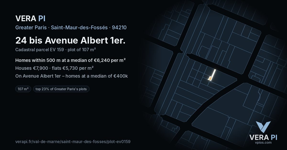 24 bis Avenue Albert 1er, Saint-Maur-des-Fossés at night – the plot lit, the parcels around coloured by the prices near them