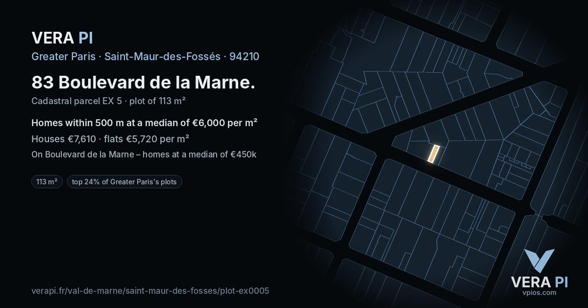 83 Boulevard de la Marne, Saint-Maur-des-Fossés at night – the plot lit, the parcels around coloured by the prices near them