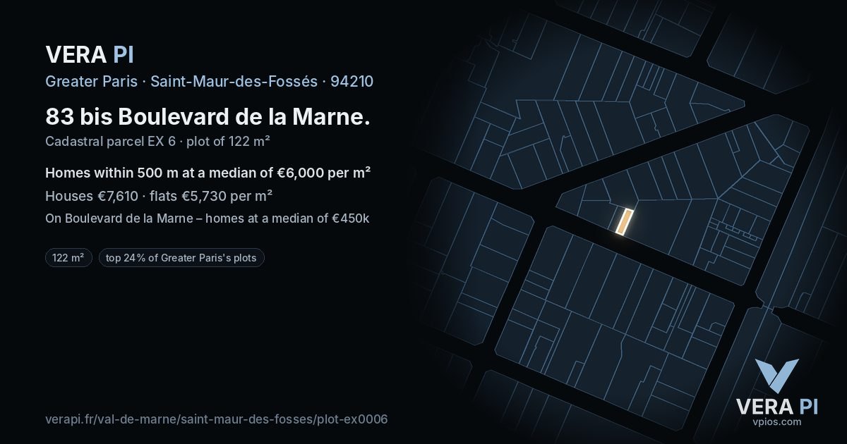 83 bis Boulevard de la Marne, Saint-Maur-des-Fossés at night – the plot lit, the parcels around coloured by the prices near them