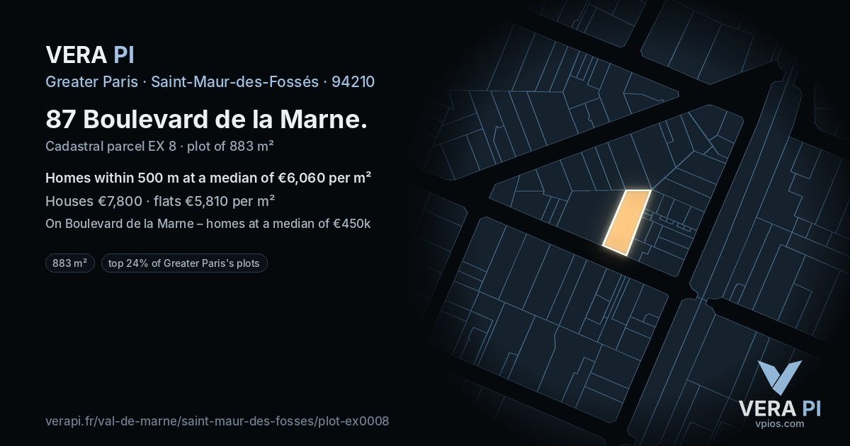 87 Boulevard de la Marne, Saint-Maur-des-Fossés at night – the plot lit, the parcels around coloured by the prices near them