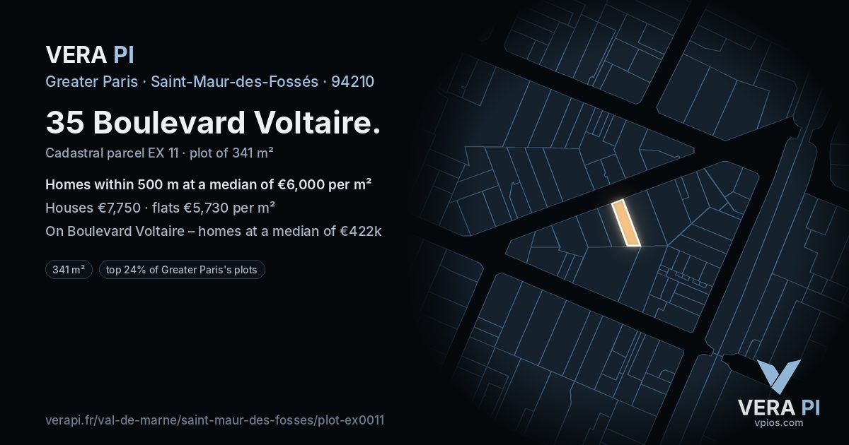 35 Boulevard Voltaire, Saint-Maur-des-Fossés at night – the plot lit, the parcels around coloured by the prices near them