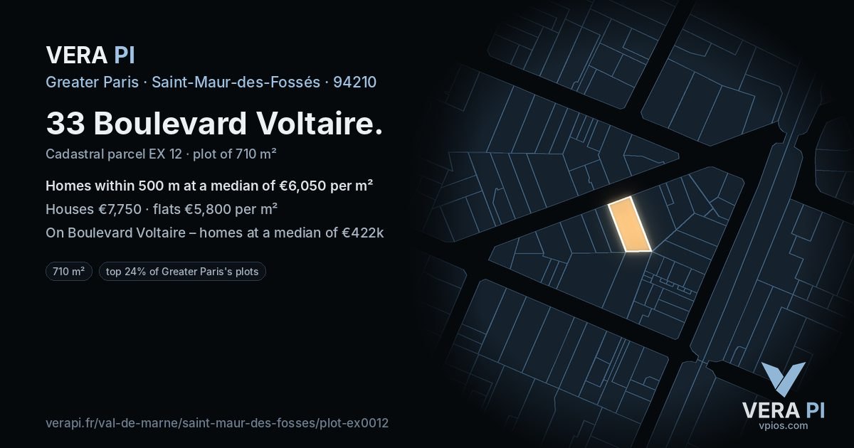 33 Boulevard Voltaire, Saint-Maur-des-Fossés at night – the plot lit, the parcels around coloured by the prices near them