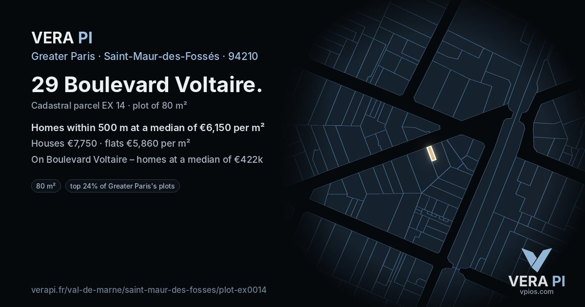 29 Boulevard Voltaire, Saint-Maur-des-Fossés at night – the plot lit, the parcels around coloured by the prices near them