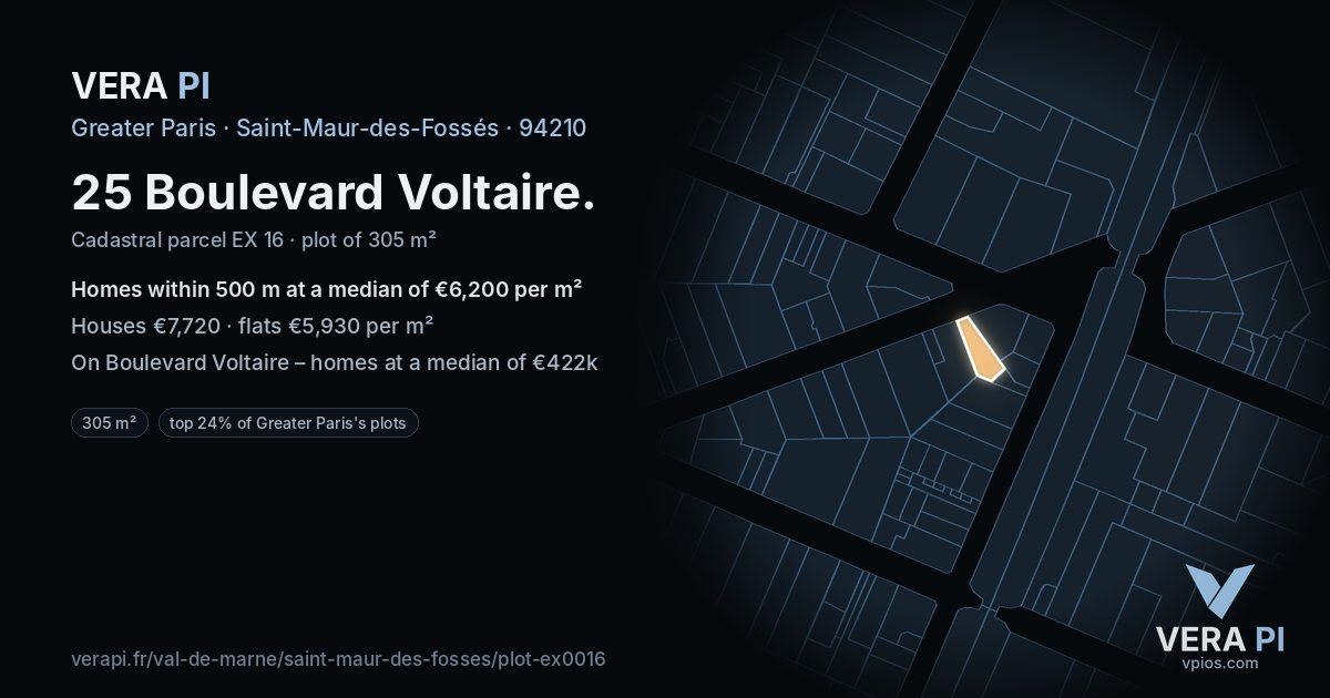 25 Boulevard Voltaire, Saint-Maur-des-Fossés at night – the plot lit, the parcels around coloured by the prices near them