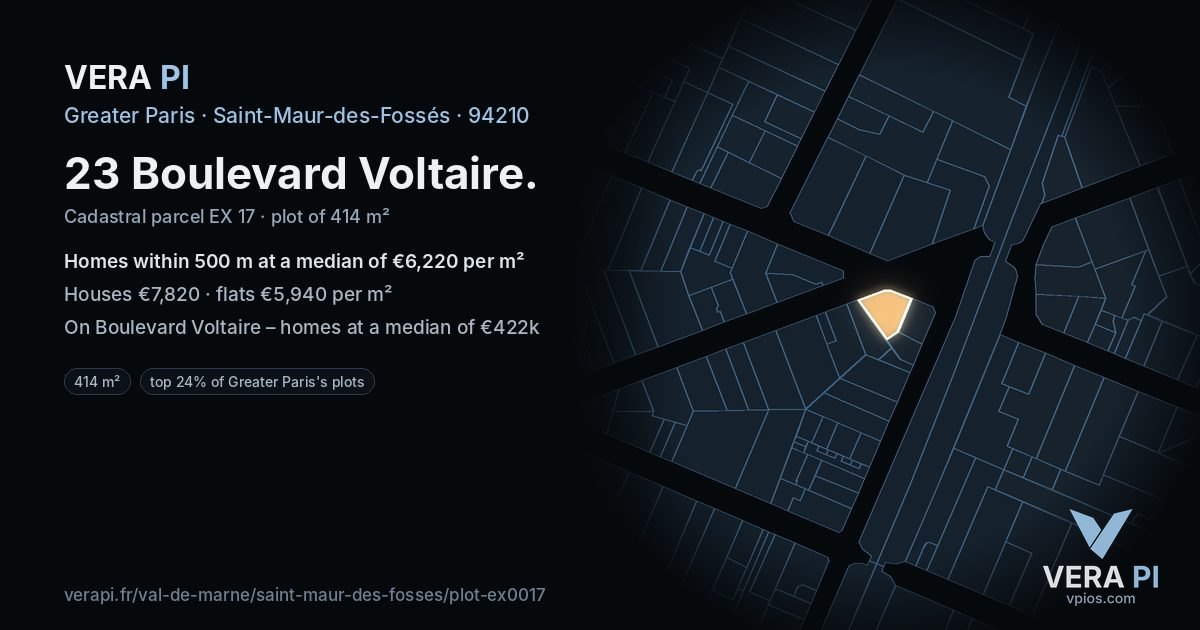 23 Boulevard Voltaire, Saint-Maur-des-Fossés at night – the plot lit, the parcels around coloured by the prices near them