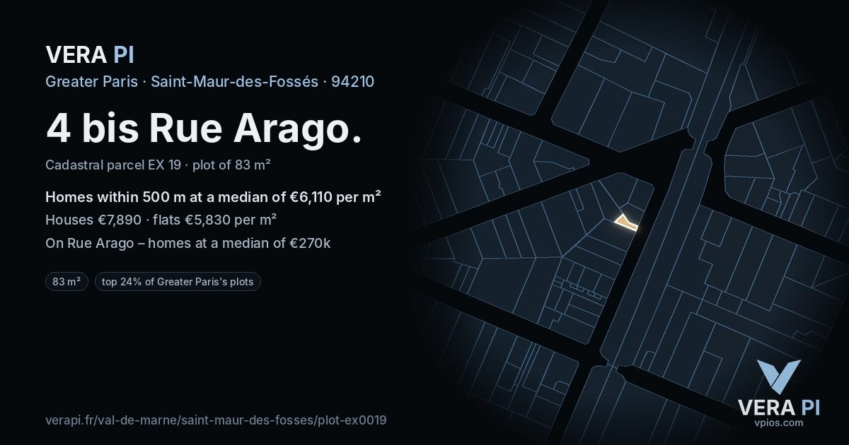 4 bis Rue Arago, Saint-Maur-des-Fossés at night – the plot lit, the parcels around coloured by the prices near them