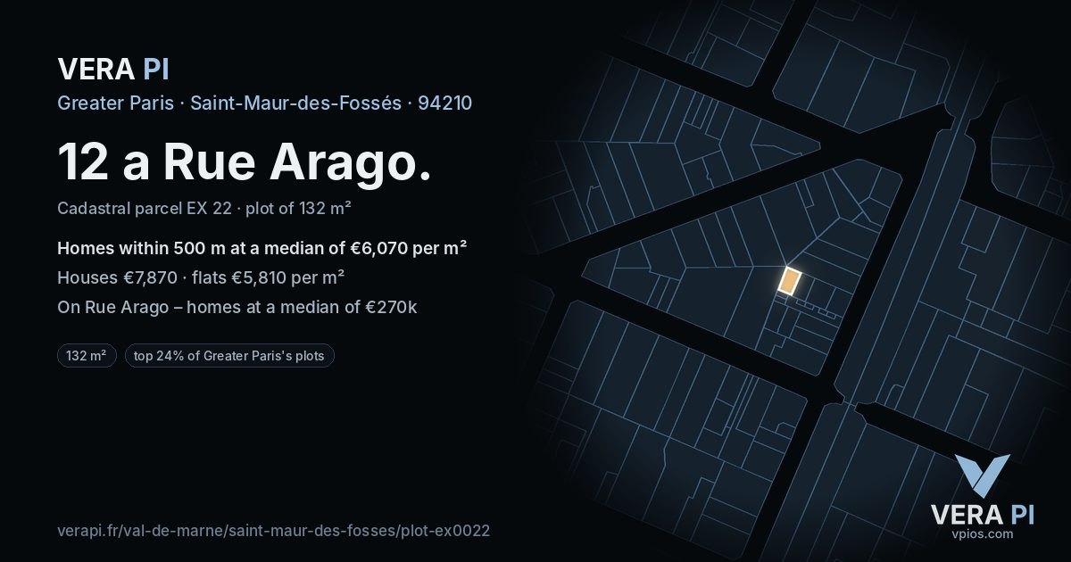12 a Rue Arago, Saint-Maur-des-Fossés at night – the plot lit, the parcels around coloured by the prices near them
