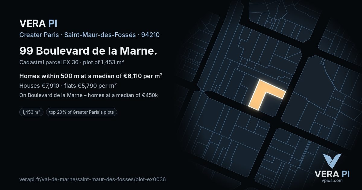 99 Boulevard de la Marne, Saint-Maur-des-Fossés at night – the plot lit, the parcels around coloured by the prices near them