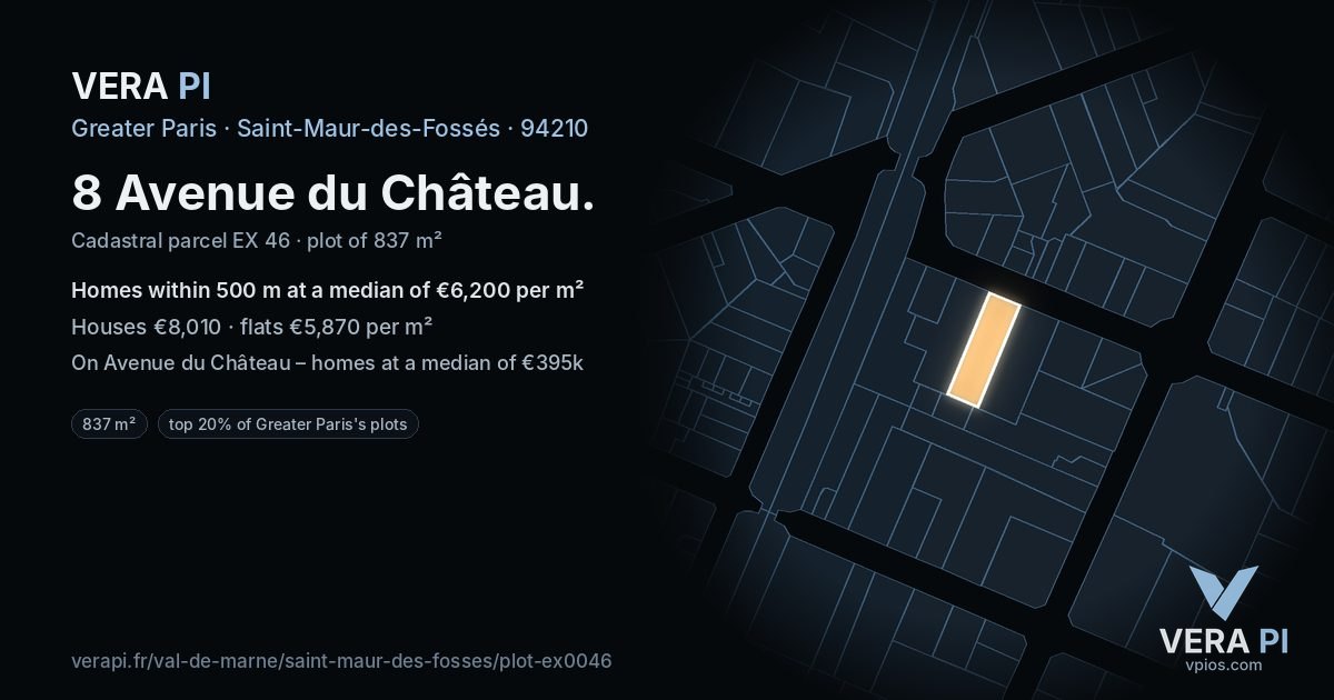 8 Avenue du Château, Saint-Maur-des-Fossés at night – the plot lit, the parcels around coloured by the prices near them
