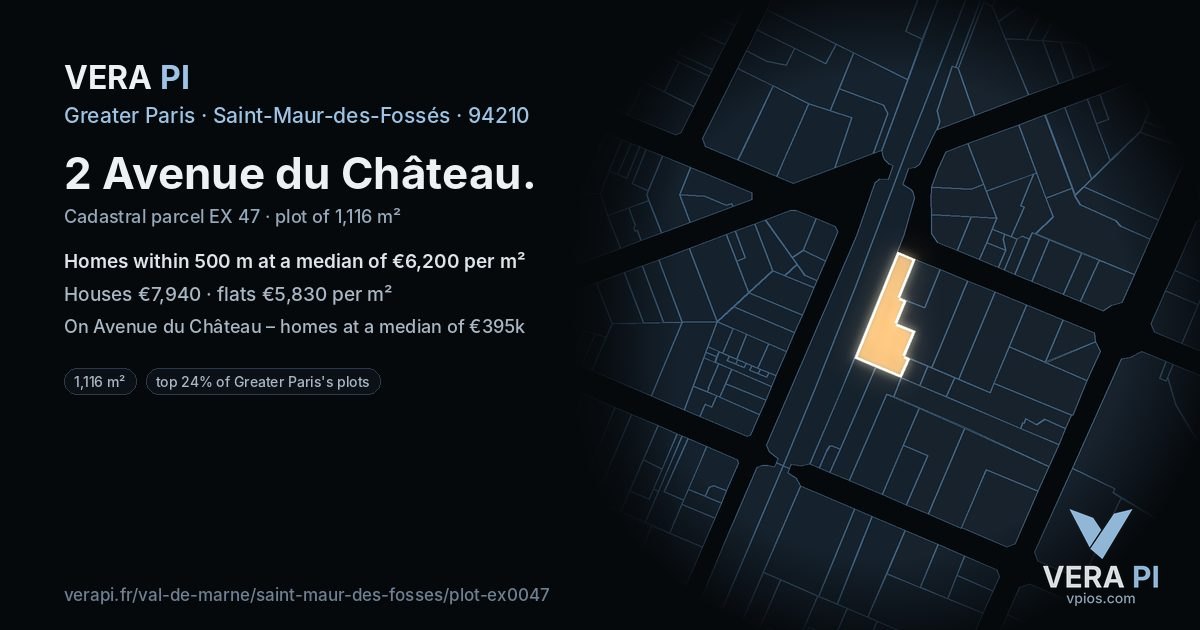 2 Avenue du Château, Saint-Maur-des-Fossés at night – the plot lit, the parcels around coloured by the prices near them