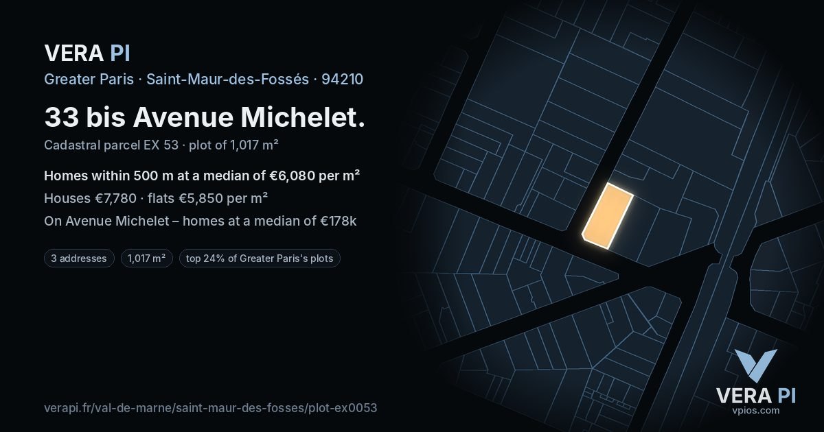 33 bis Avenue Michelet, Saint-Maur-des-Fossés at night – the plot lit, the parcels around coloured by the prices near them