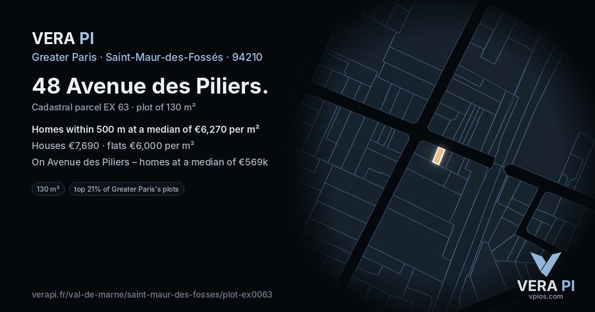 48 Avenue des Piliers, Saint-Maur-des-Fossés at night – the plot lit, the parcels around coloured by the prices near them