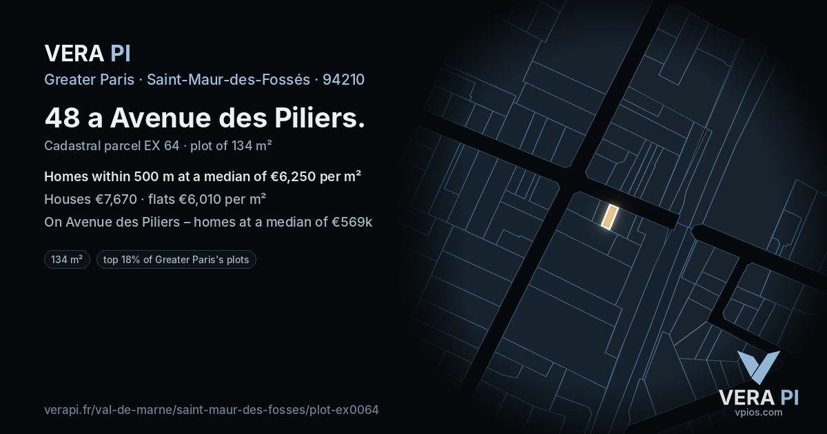 48 a Avenue des Piliers, Saint-Maur-des-Fossés at night – the plot lit, the parcels around coloured by the prices near them
