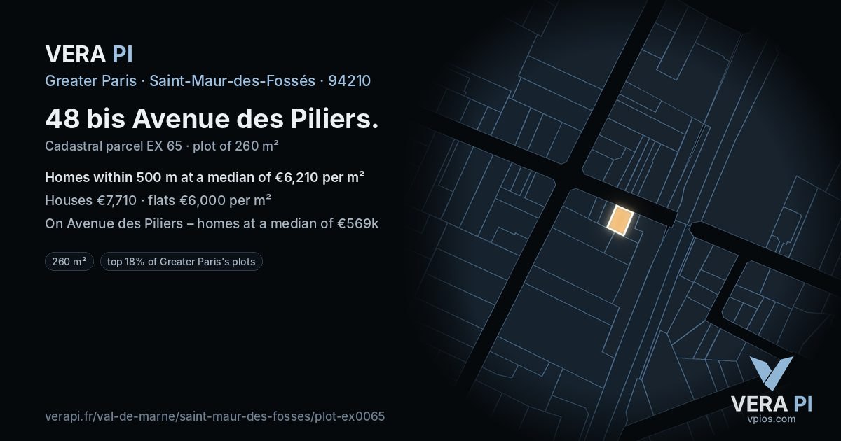 48 bis Avenue des Piliers, Saint-Maur-des-Fossés at night – the plot lit, the parcels around coloured by the prices near them