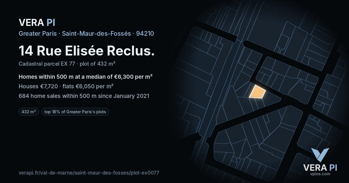 14 Rue Elisée Reclus, Saint-Maur-des-Fossés at night – the plot lit, the parcels around coloured by the prices near them