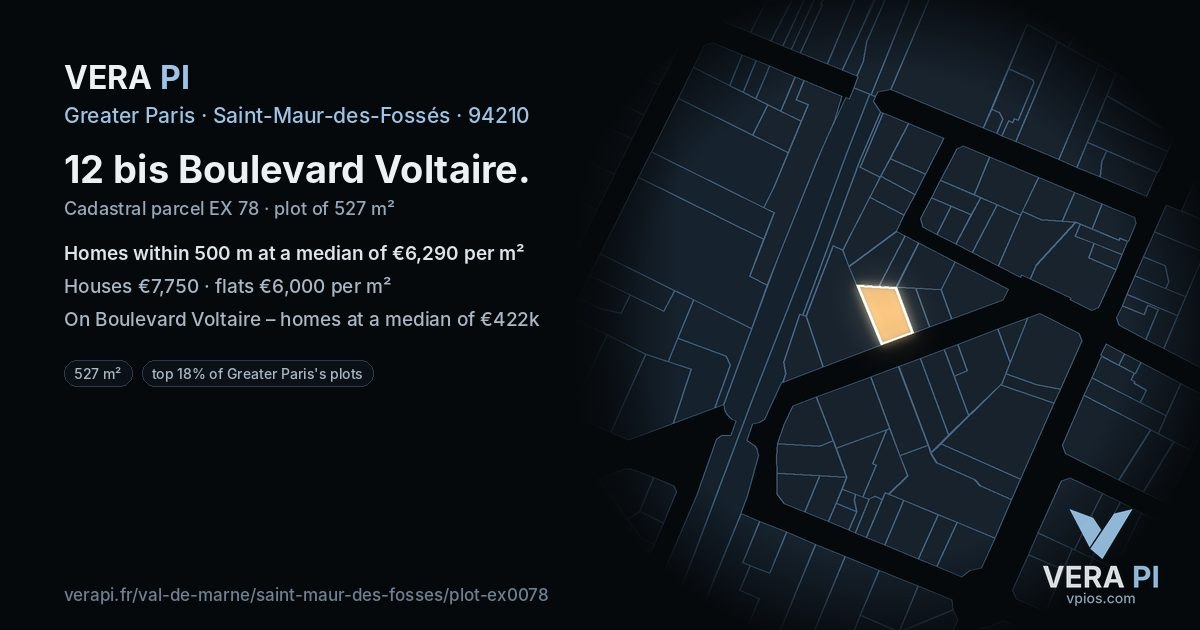 12 bis Boulevard Voltaire, Saint-Maur-des-Fossés at night – the plot lit, the parcels around coloured by the prices near them