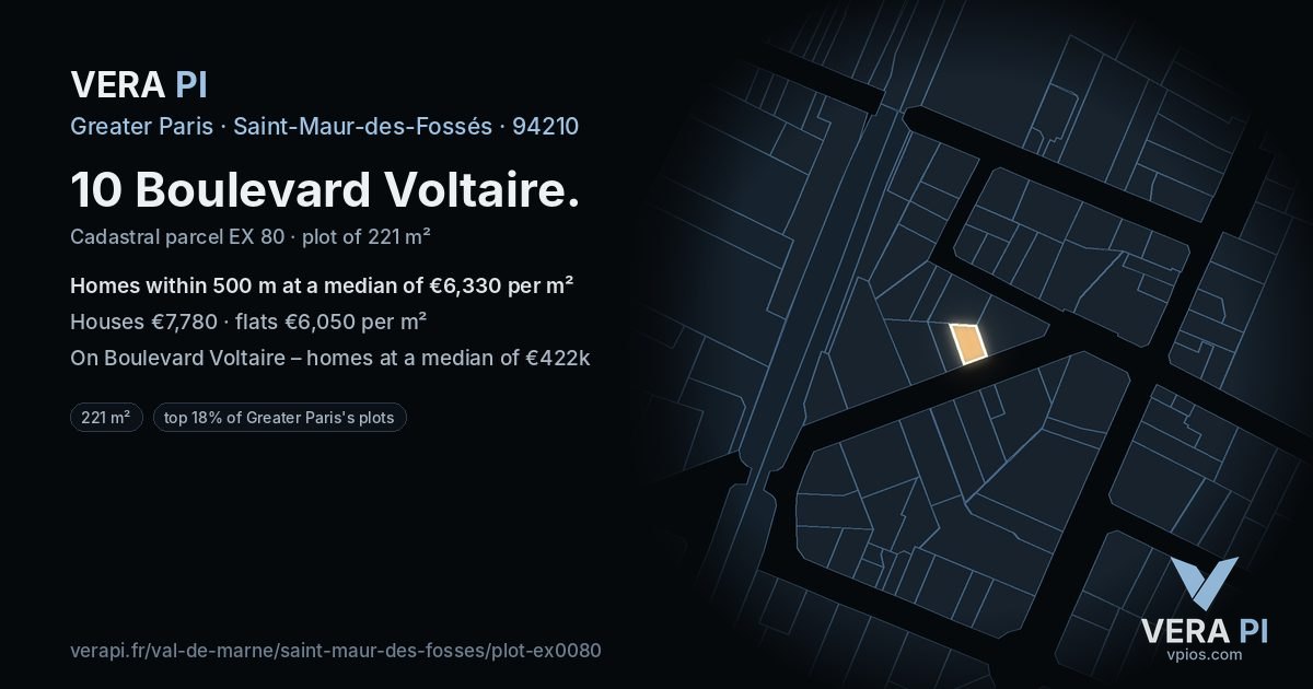 10 Boulevard Voltaire, Saint-Maur-des-Fossés at night – the plot lit, the parcels around coloured by the prices near them