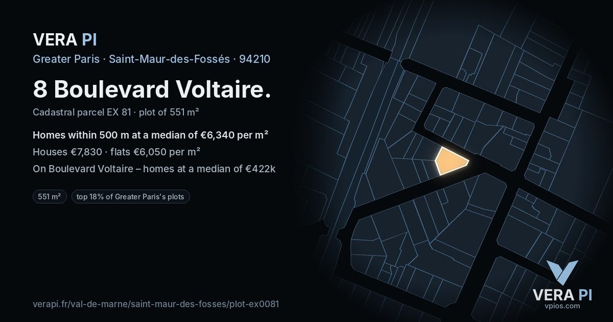 8 Boulevard Voltaire, Saint-Maur-des-Fossés at night – the plot lit, the parcels around coloured by the prices near them