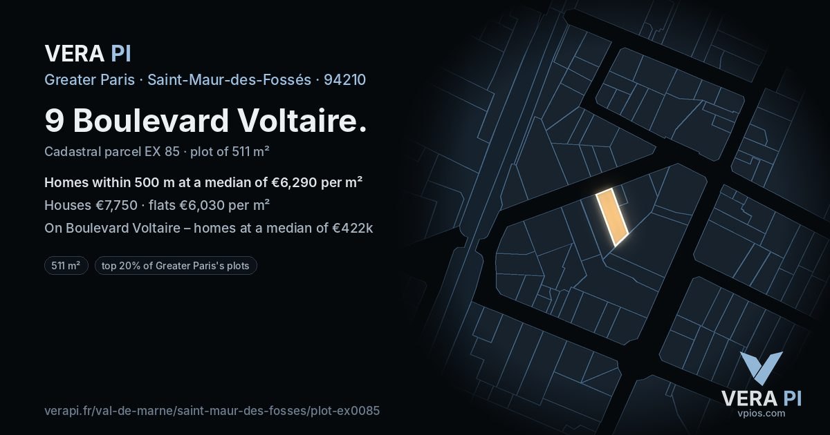 9 Boulevard Voltaire, Saint-Maur-des-Fossés at night – the plot lit, the parcels around coloured by the prices near them