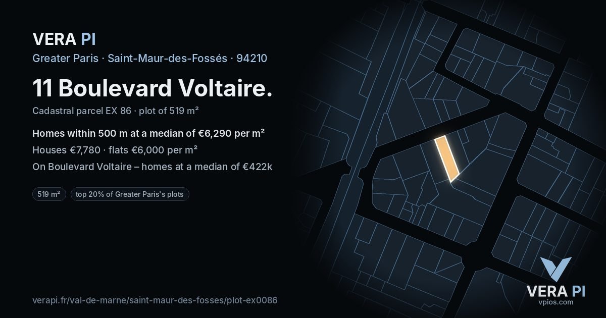11 Boulevard Voltaire, Saint-Maur-des-Fossés at night – the plot lit, the parcels around coloured by the prices near them