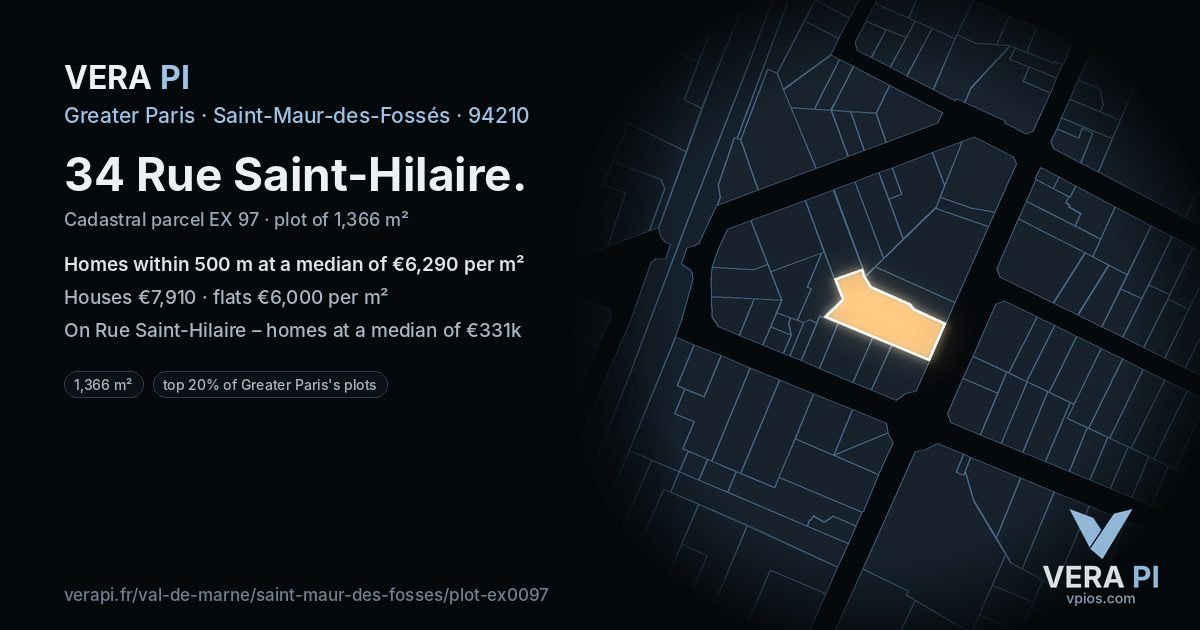 34 Rue Saint-Hilaire, Saint-Maur-des-Fossés at night – the plot lit, the parcels around coloured by the prices near them