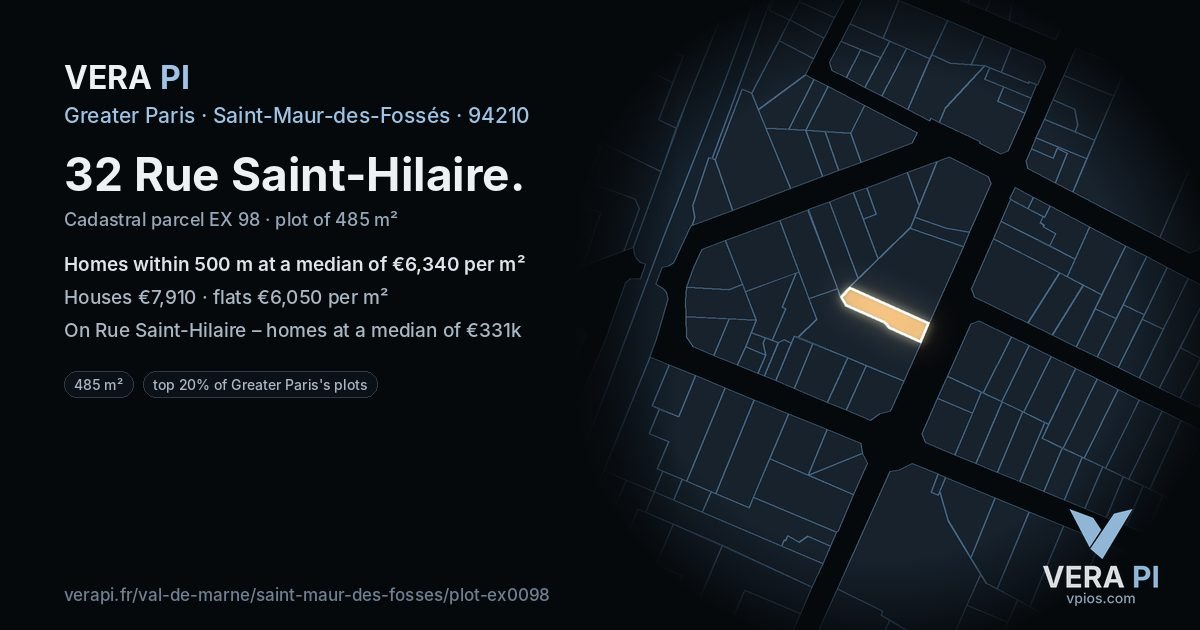 32 Rue Saint-Hilaire, Saint-Maur-des-Fossés at night – the plot lit, the parcels around coloured by the prices near them