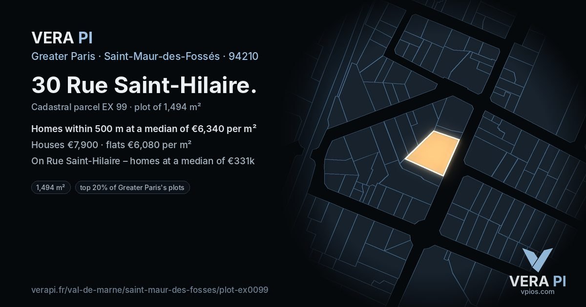 30 Rue Saint-Hilaire, Saint-Maur-des-Fossés at night – the plot lit, the parcels around coloured by the prices near them