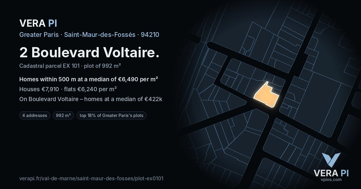 2 Boulevard Voltaire, Saint-Maur-des-Fossés at night – the plot lit, the parcels around coloured by the prices near them