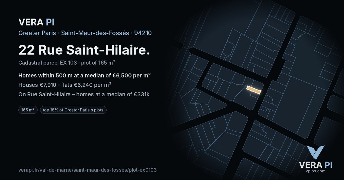 22 Rue Saint-Hilaire, Saint-Maur-des-Fossés at night – the plot lit, the parcels around coloured by the prices near them