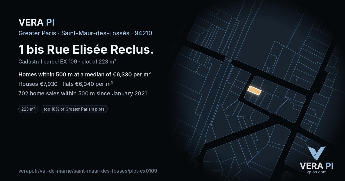 1 bis Rue Elisée Reclus, Saint-Maur-des-Fossés at night – the plot lit, the parcels around coloured by the prices near them