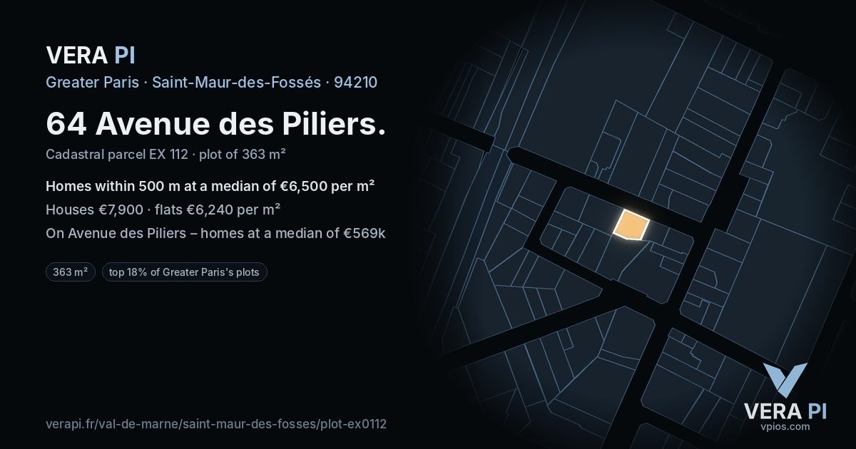 64 Avenue des Piliers, Saint-Maur-des-Fossés at night – the plot lit, the parcels around coloured by the prices near them
