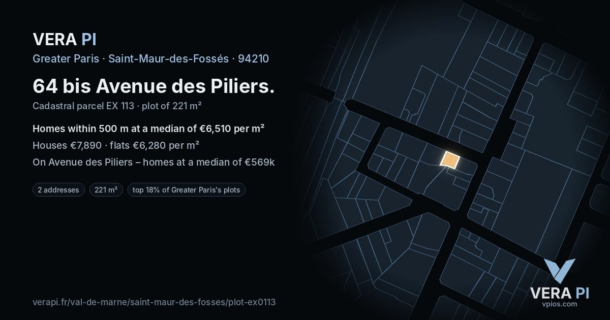 64 bis Avenue des Piliers, Saint-Maur-des-Fossés at night – the plot lit, the parcels around coloured by the prices near them
