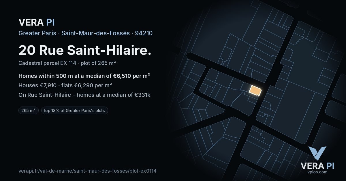 20 Rue Saint-Hilaire, Saint-Maur-des-Fossés at night – the plot lit, the parcels around coloured by the prices near them