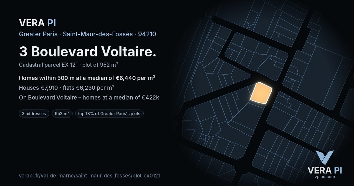 3 Boulevard Voltaire, Saint-Maur-des-Fossés at night – the plot lit, the parcels around coloured by the prices near them