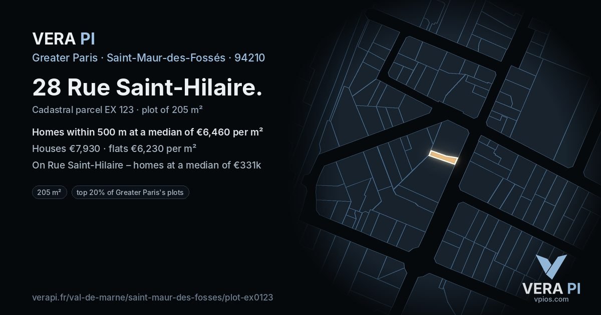 28 Rue Saint-Hilaire, Saint-Maur-des-Fossés at night – the plot lit, the parcels around coloured by the prices near them