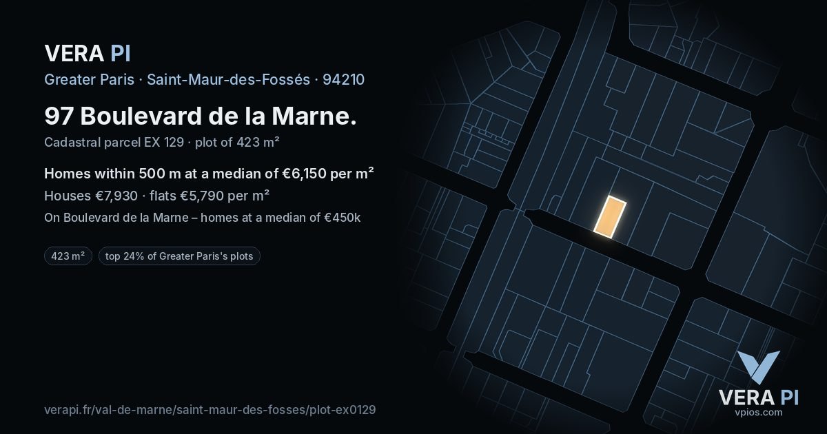 97 Boulevard de la Marne, Saint-Maur-des-Fossés at night – the plot lit, the parcels around coloured by the prices near them