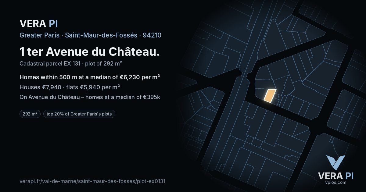 1 ter Avenue du Château, Saint-Maur-des-Fossés at night – the plot lit, the parcels around coloured by the prices near them