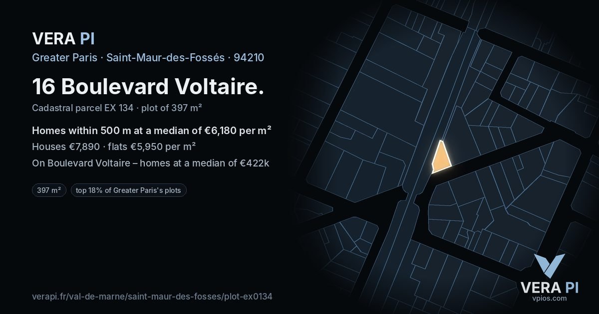 16 Boulevard Voltaire, Saint-Maur-des-Fossés at night – the plot lit, the parcels around coloured by the prices near them