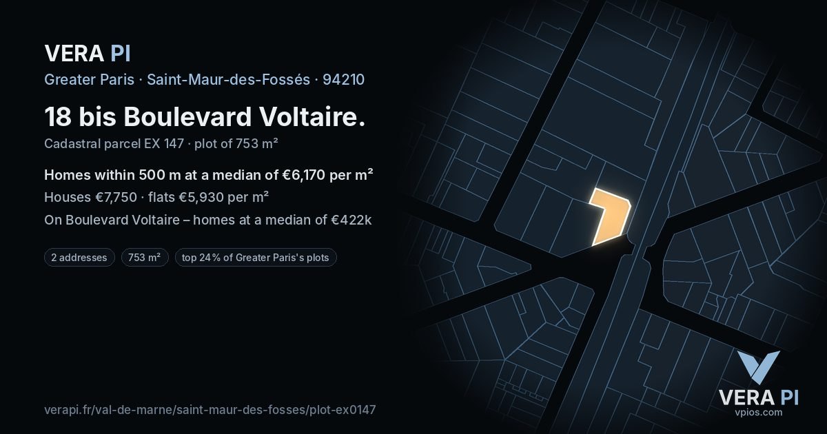 18 bis Boulevard Voltaire, Saint-Maur-des-Fossés at night – the plot lit, the parcels around coloured by the prices near them