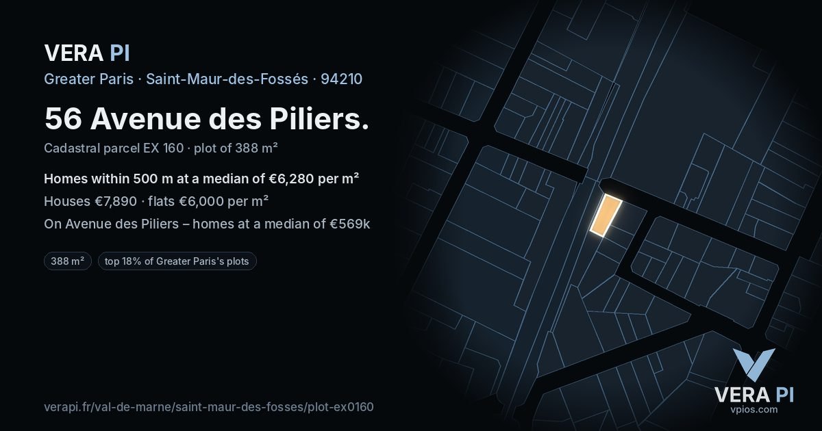 56 Avenue des Piliers, Saint-Maur-des-Fossés at night – the plot lit, the parcels around coloured by the prices near them