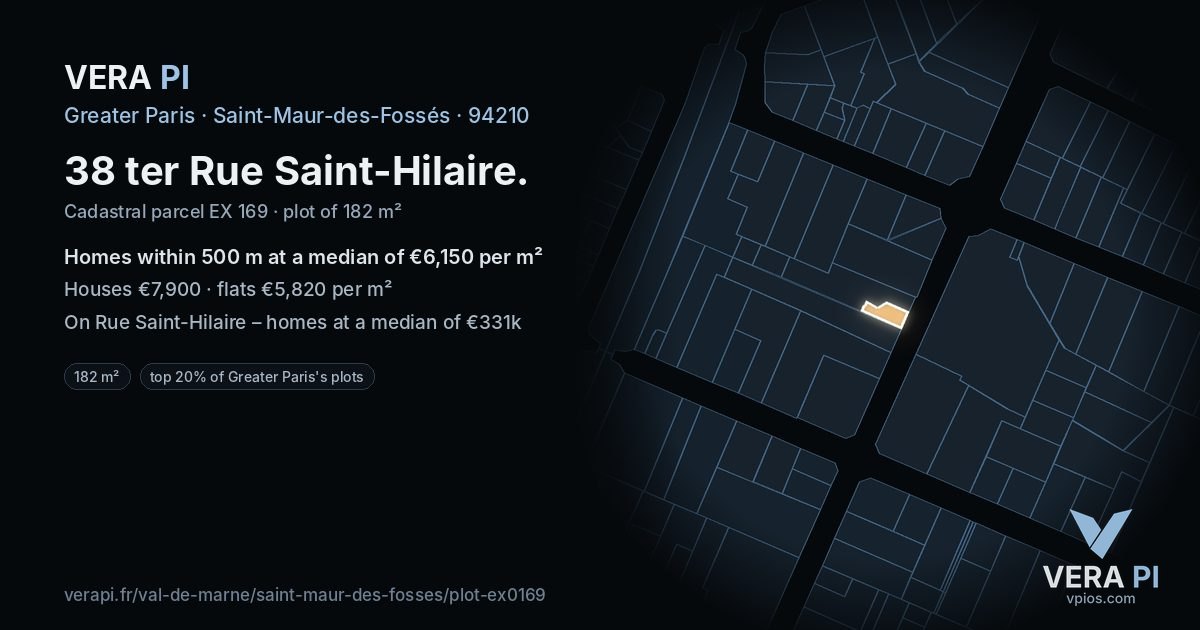 38 ter Rue Saint-Hilaire, Saint-Maur-des-Fossés at night – the plot lit, the parcels around coloured by the prices near them