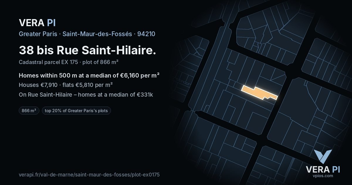 38 bis Rue Saint-Hilaire, Saint-Maur-des-Fossés at night – the plot lit, the parcels around coloured by the prices near them