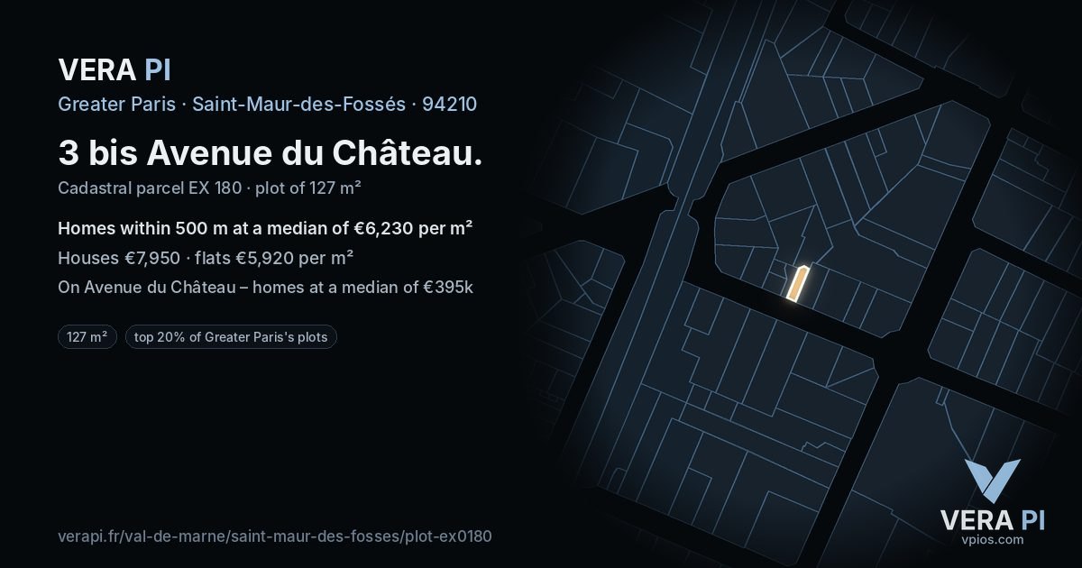 3 bis Avenue du Château, Saint-Maur-des-Fossés at night – the plot lit, the parcels around coloured by the prices near them
