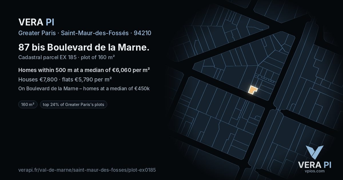 87 bis Boulevard de la Marne, Saint-Maur-des-Fossés at night – the plot lit, the parcels around coloured by the prices near them