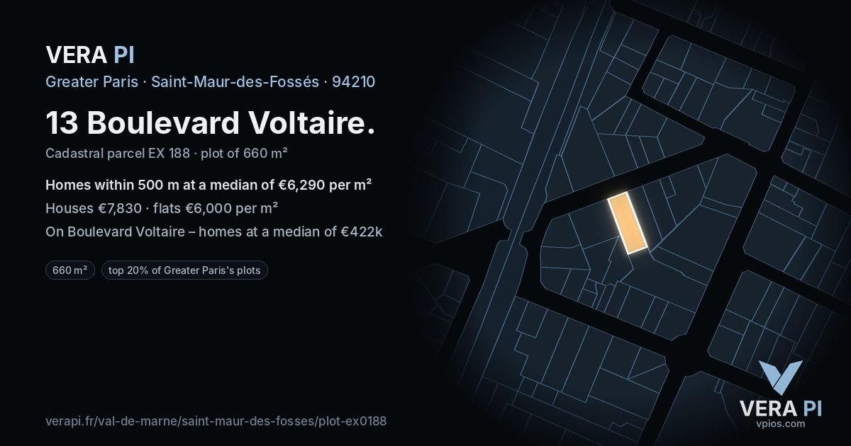 13 Boulevard Voltaire, Saint-Maur-des-Fossés at night – the plot lit, the parcels around coloured by the prices near them