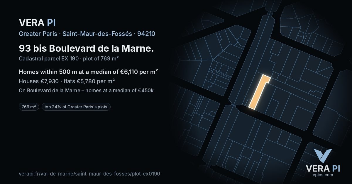 93 bis Boulevard de la Marne, Saint-Maur-des-Fossés at night – the plot lit, the parcels around coloured by the prices near them