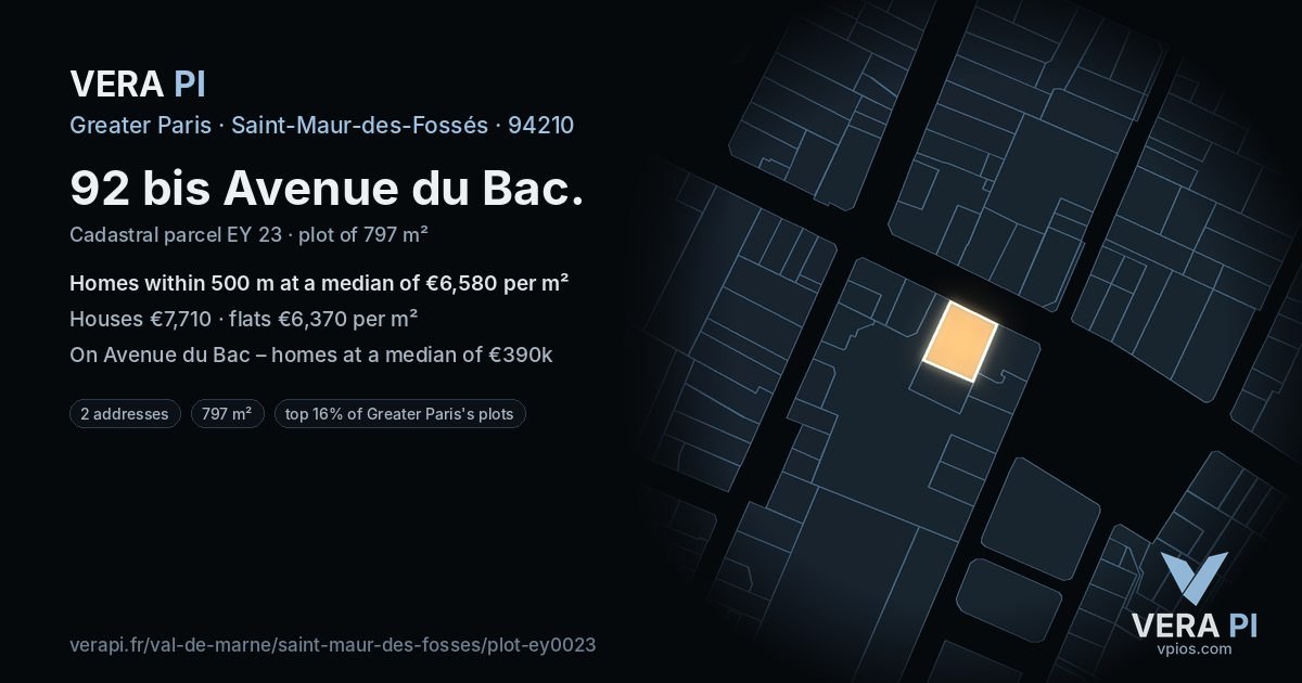 92 bis Avenue du Bac, Saint-Maur-des-Fossés at night – the plot lit, the parcels around coloured by the prices near them